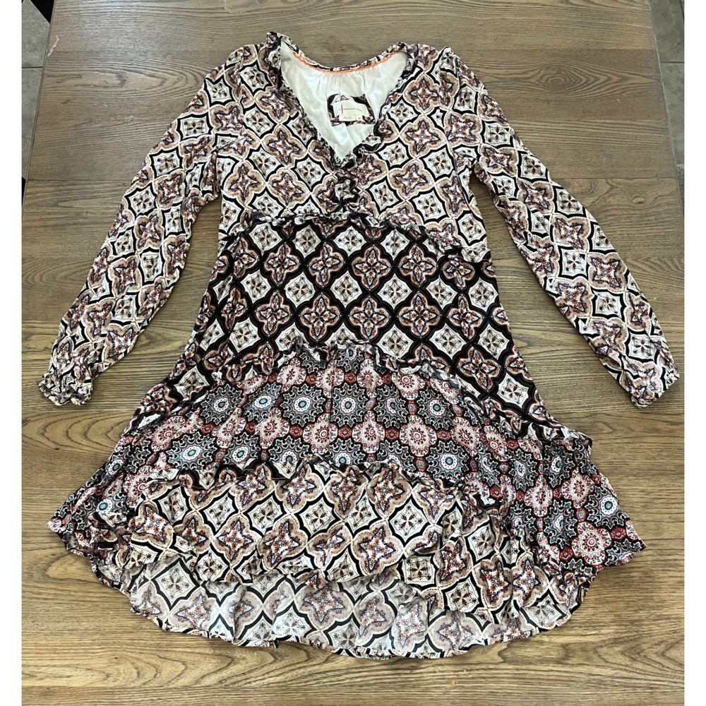 Anthropologie Boho Geometric Medallion Tiered Ruffle High Low Dress XS Brown